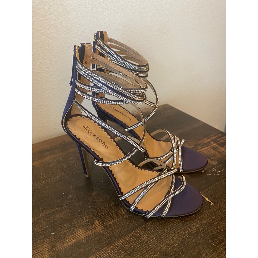 Zigisoho Bernadette Navy Blue Satin Rhinestone Strappy Stiletto Heels 8.5